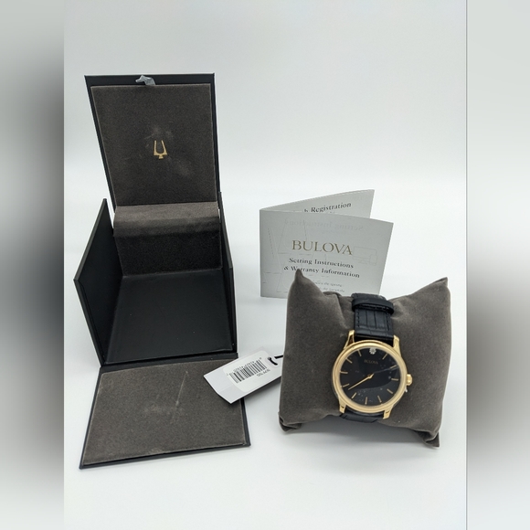 Sold NIB Bulova 97F55 Wrist Watch for Men Gold/Black w/ Black Leather Strap - Picture 3 of 8